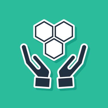 Mavi Petek ve yeşil arka plan üzerinde izole eller simgesi. Bal hücreleri sembolü. Tatlı doğal yemekler. Vektör İllüstrasyonu