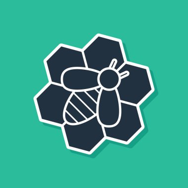 Mavi Arı ve petek simgesi yeşil arka plan üzerinde izole. Bal hücreleri. Bal arısı veya kanat sembolü ile apis. Uçan böcek. Tatlı doğal yemekler. Vektör İllüstrasyonu