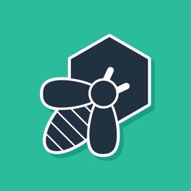 Mavi Arı ve petek simgesi yeşil arka plan üzerinde izole. Bal hücreleri. Bal arısı veya kanat sembolü ile apis. Uçan böcek. Tatlı doğal yemekler. Vektör İllüstrasyonu