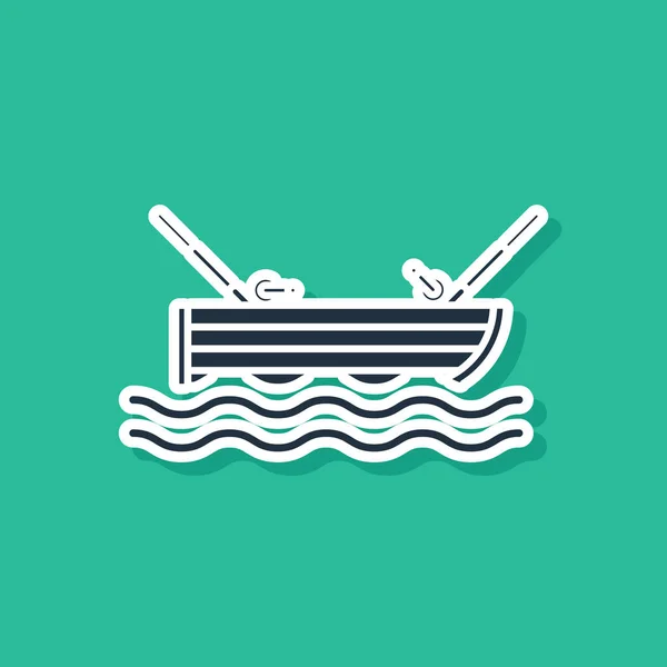Blå fiskebåt med fiskespö på vatten ikonen isolerad på grön bakgrund. Vektor illustration — Stock vektor