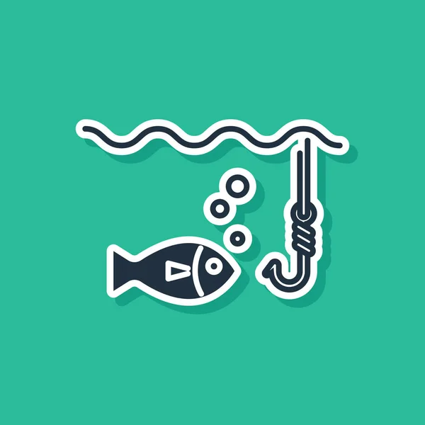 Gancho de pesca azul bajo el agua con icono de pescado aislado sobre fondo verde. Aparejos de pesca. Ilustración vectorial — Vector de stock