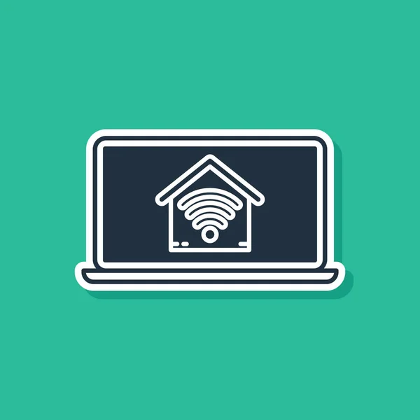 Ordinateur portable bleu avec maison intelligente avec icône wi-fi isolée sur fond vert. Télécommande. Illustration vectorielle — Image vectorielle