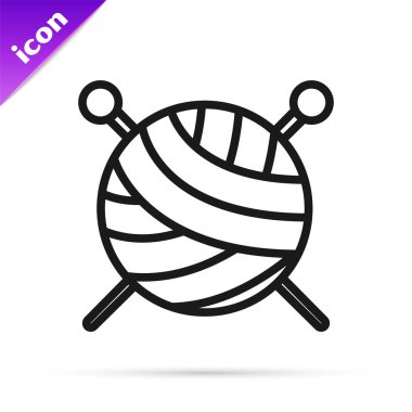 Beyaz arka planda izole örgü iğneleri simgesi ile siyah çizgi İplik topu. El yapımı, örgü veya terzi dükkanı için etiket. Vektör İllüstrasyonu