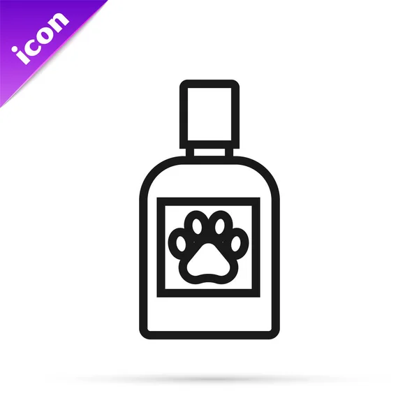 Linha preta ícone frasco de remédio cão isolado no fundo branco. Recipiente com comprimidos. Medicamento prescrito para animais. Ilustração vetorial — Vetor de Stock