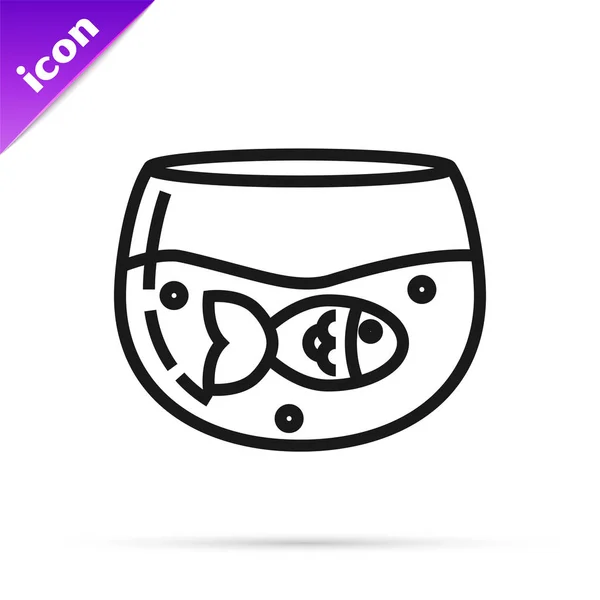 Black Line aquarium met vis icoon geïsoleerd op witte achtergrond. Rond glazen aquarium. Aquarium voor thuis en huisdieren. Vector illustratie — Stockvector