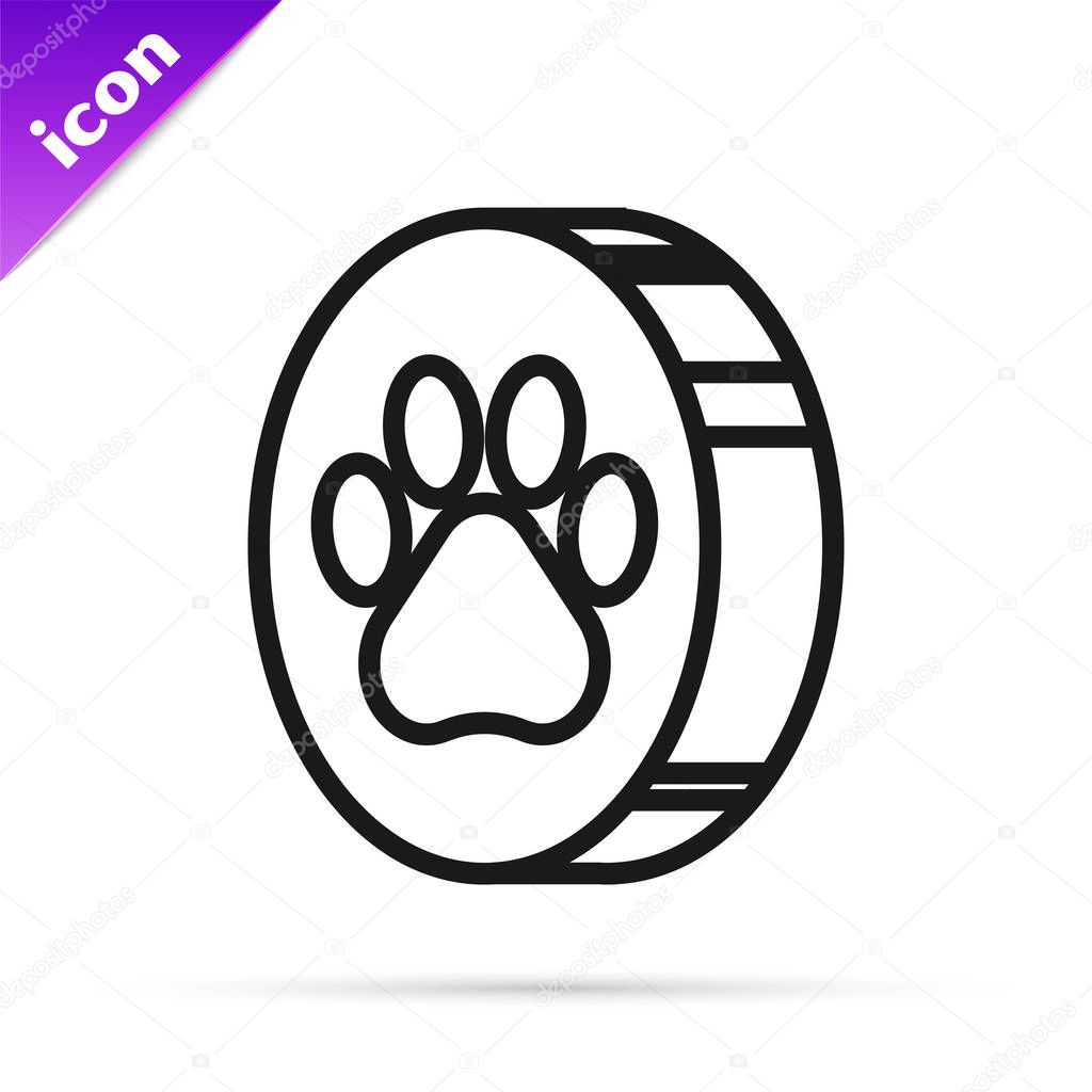 Black line Paw print icon isolated on white background. Dog or cat paw print. Animal track. Vector Illustration