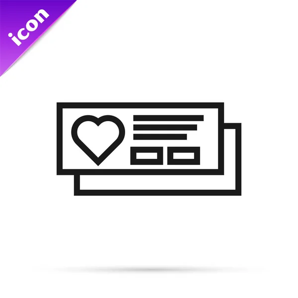 Schwarze Linie Ticket mit Herz Symbol isoliert auf weißem Hintergrund. Bordkarte mit Herz. Vektorillustration — Stockvektor