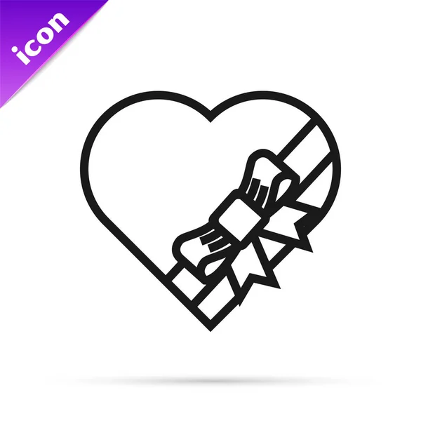 Línea negra Caramelo en forma de corazón caja y arco icono aislado sobre fondo blanco. Día de San Valentín. Ilustración vectorial — Vector de stock
