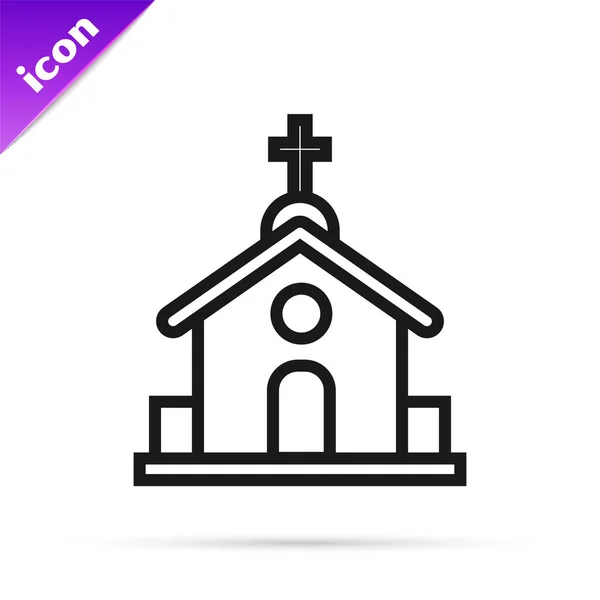 Fekete vonal templom épület ikon izolált fehér háttér. Keresztény egyház. Egyházi vallás. Vektoros illusztráció — Stock Vector