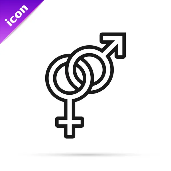 Černá linie ikona pohlaví je izolována na bílém pozadí. Symboly mužů a žen. Sexuální symbol. Vektorová ilustrace — Stockový vektor