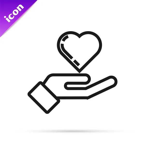 Black line Heart on hand icon isolated on white background. Hand giving love symbol. Vector Illustration — Stock Vector
