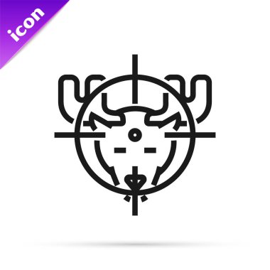 Beyaz arka plan üzerinde izole artı işareti simgesi ile geyik üzerinde Siyah çizgi Hunt. Geyik ve hedef ile Avcılık kulübü logosu. Tüfek merceği bir geyiği hedef almış. Vektör İllüstrasyonu