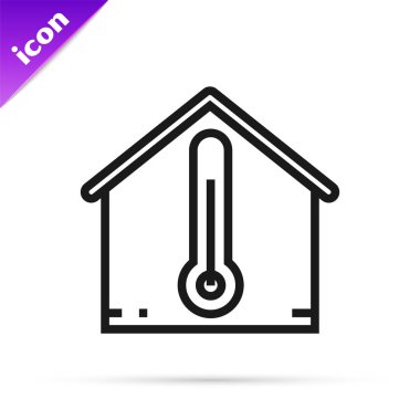 Siyah çizgi House sıcaklık simgesi beyaz arka plan üzerinde izole. Termometre simgesi. Vektör İllüstrasyonu