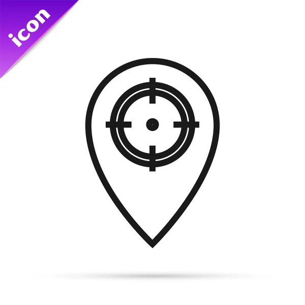 Černá linka Hunt, ikona, izolovaná na bílém pozadí. Navigace, ukazatel, umístění, mapa, GPS, směr, místo, kompas, kontakt, hledání. Vektorová ilustrace — Stockový vektor