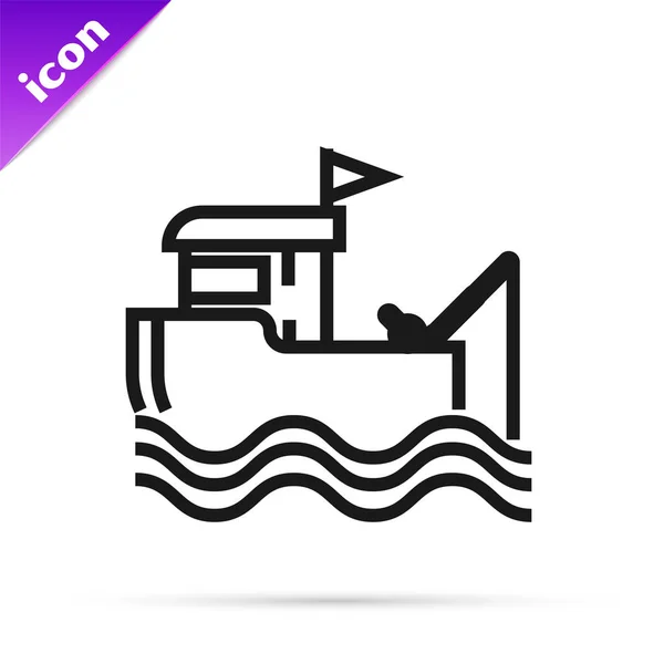 Ligne noire Bateau de pêche avec canne à pêche sur icône de l'eau isolé sur fond blanc. Illustration vectorielle — Image vectorielle