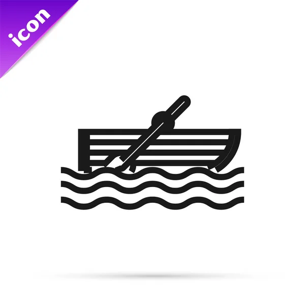 Чорна лінія Рибальський човен з веслами на воді значок ізольований на білому тлі. Векторна ілюстрація — стоковий вектор