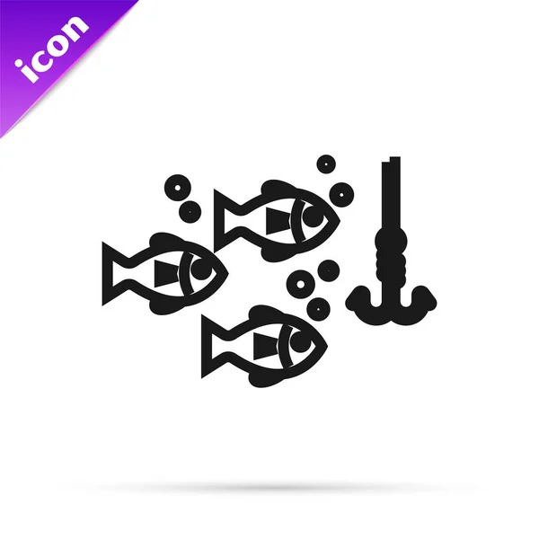 Ligne noire Crochet de pêche sous l'eau avec icône de poisson isolé sur fond blanc. Matériel de pêche. Illustration vectorielle — Image vectorielle