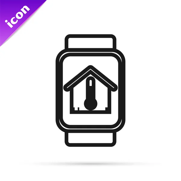 黒い線 白い背景に隔離された家の温度アイコンを持つスマートウォッチ。温度計アイコン。ベクトルイラストレーション — ストックベクタ