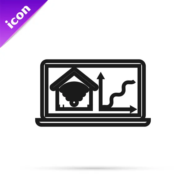 Laptop linha preta com casa inteligente com ícone wi-fi isolado no fundo branco. Controlo remoto. Ilustração vetorial — Vetor de Stock