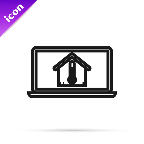 Laptop linha preta com ícone de temperatura da casa isolado no fundo branco. Ícone do termómetro. Ilustração vetorial — Vetor de Stock