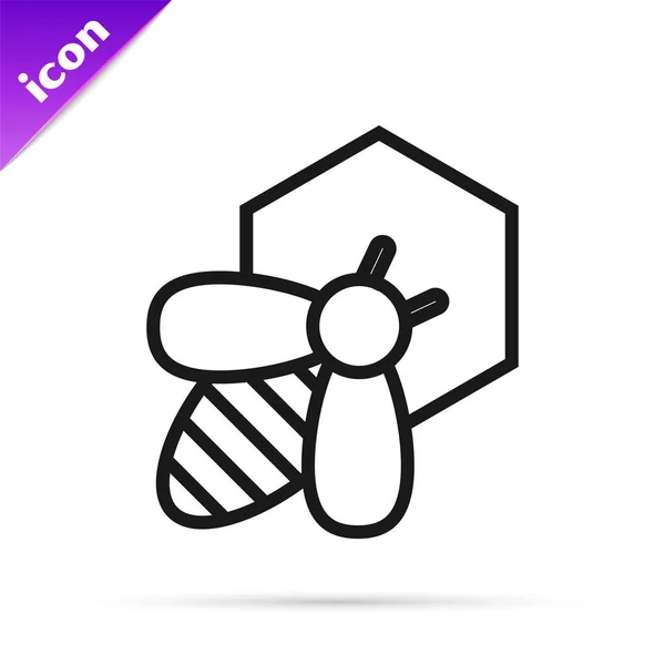 Schwarze Linie Biene und Wabensymbol isoliert auf weißem Hintergrund. Honigzellen. Honigbiene oder Apis mit Flügeln Symbol. Fliegendes Insekt. süße natürliche Nahrung. Vektorillustration — Stockvektor