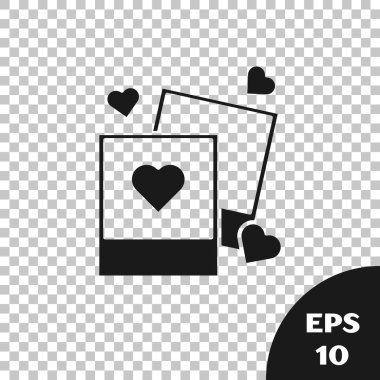 Siyah İki boşluk fotoğraf çerçeveleri ve saydam arka planda yalıtılmış kalpler simgesi. Sevgililer Günü sembolü. Vektör İllüstrasyonu