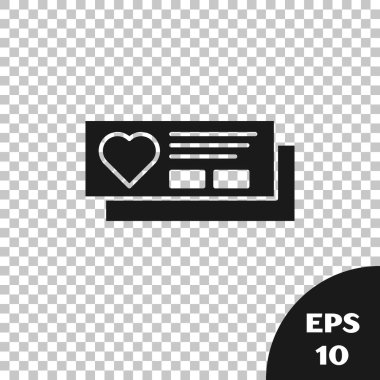 Şeffaf arka planda izole edilmiş kalp simgesine sahip Siyah Bilet. Kalpten biniş kartı. Vektör İllüstrasyonu