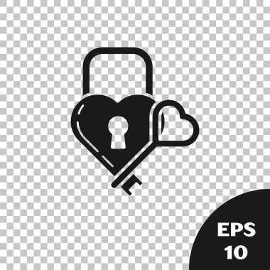 Siyah Kale bir kalp ve anahtar simgesi şeffaf arka plan üzerinde izole şeklinde. Kilitli Kalp. Aşk sembolü ve anahtar deliği işareti. Vektör İllüstrasyonu