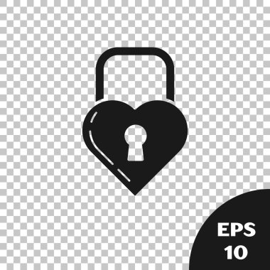 Şeffaf arka plan üzerinde izole bir kalp simgesi şeklinde Siyah Kale. Kilitli Kalp. Aşk sembolü ve anahtar deliği işareti. Vektör İllüstrasyonu