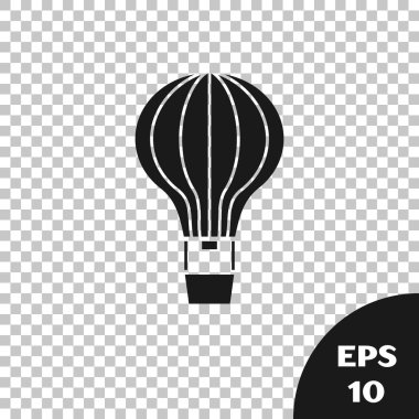 Siyah sıcak hava balonu simgesi şeffaf arka planda izole. Seyahat için hava taşımacılığı. Vektör Illustration