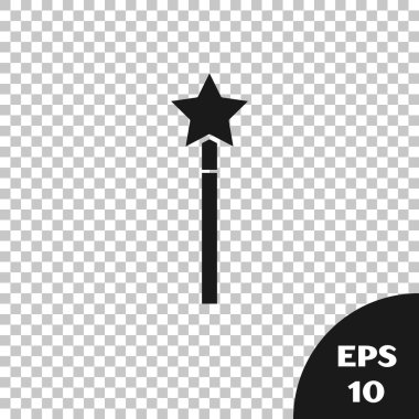 Kara Büyü değnek simgesi saydam arka planda izole. Yıldız şekli sihirli aksesuar. Sihirli güç. Vektör İllüstrasyonu