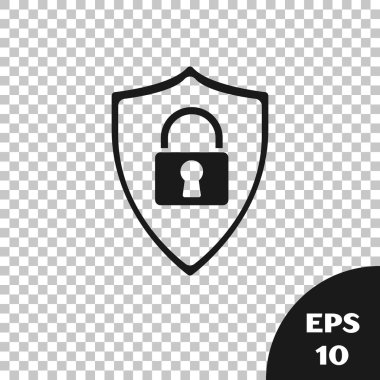 Saydam arka planda yalıtılmış kilit simgesine sahip Siyah Kalkan güvenliği. Koruma, güvenlik, şifre güvenliği. Güvenlik duvarı erişim gizlilik işareti. Vektör İllüstrasyonu