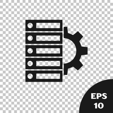 Siyah Sunucu ve dişli simgesi şeffaf arkaplanda izole edildi. Uygulama, servis konsepti, ayar seçenekleri, bakım, onarım, onarım. Vektör İllüstrasyonu