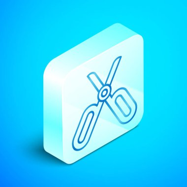 Mavi arka planda izole edilmiş izometrik çizgi Makas simgesi. Terzi sembolü. Kesici alet işareti. Gümüş kare düğme. Vektör İllüstrasyonu