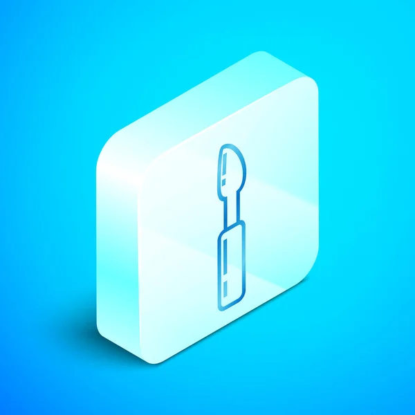 Isométrique ligne Cutter icône de l'outil isolé sur fond bleu. Couteau à coudre avec lame. Bouton carré argenté. Illustration vectorielle — Image vectorielle
