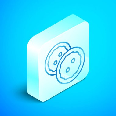 Mavi arka plan üzerinde izole giysi simgesi için izometrik çizgi Dikiş düğmesi. Giyim düğmeleri. Gümüş kare düğme. Vektör İllüstrasyonu