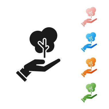 Beyaz arka plan üzerinde izole çevre koruma simgesi elinde Siyah Ağaç. Tohum ve fide. Fidan dikimi. Ekoloji kavramı. Simgeleri renkli ayarlayın. Vektör İllüstrasyonu