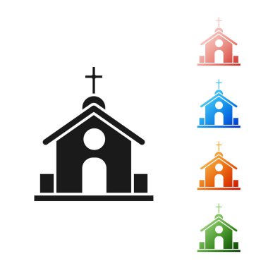 Siyah Kilise bina simgesi beyaz arka plan üzerinde izole. Hıristiyan Kilisesi. Kilise dini. Simgeleri renkli ayarlayın. Vektör İllüstrasyonu