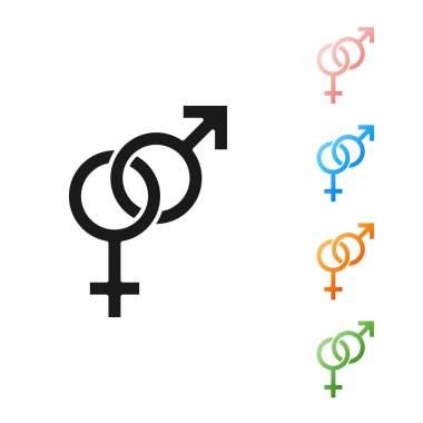 Siyah Cinsiyet simgesi beyaz arka planda yalıtılmış. Kadın ve erkeğin sembolleri. Seks sembolü. Simgeleri renkli ayarlayın. Vektör İllüstrasyonu