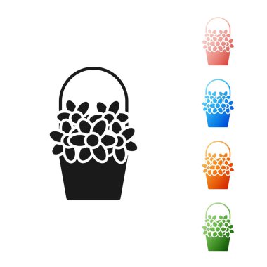 Beyaz arka planda yalıtılmış bir sepet simgesindeki Siyah Çiçekler. Simgeleri renkli ayarlayın. Vektör İllüstrasyonu