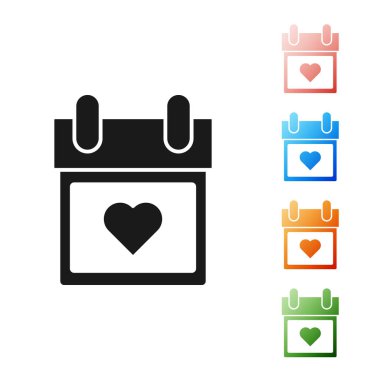 Beyaz arka planda izole edilmiş kalp simgesine sahip Siyah Takvim. Sevgililer günü. Aşk sembolü. 14 Şubat. Simgeleri renkli ayarlayın. Vektör İllüstrasyonu