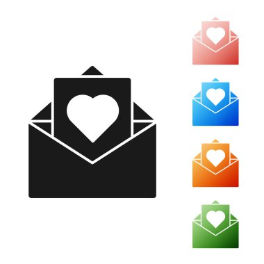 Beyaz arka plan üzerinde izole Valentine kalp simgesi ile Siyah Zarf. Mesaj aşk. Mektup aşk ve romantizm. Simgeleri renkli ayarlayın. Vektör İllüstrasyonu