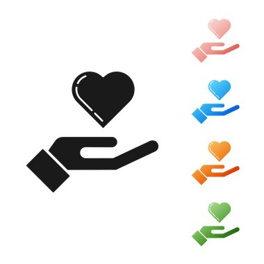 Siyah Kalp el simgesi beyaz arka plan üzerinde izole. El aşk sembolü veriyor. Simgeleri renkli ayarlayın. Vektör İllüstrasyonu