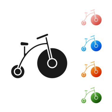 Bir büyük tekerlek ve beyaz arka plan üzerinde izole küçük bir simge ile Siyah Vintage bisiklet. Bisiklet toplu taşıma işareti. Simgeleri renkli ayarlayın. Vektör İllüstrasyonu