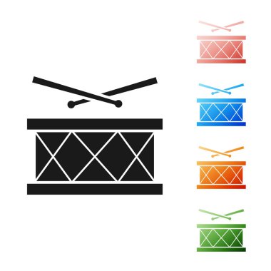Beyaz arka planda izole davul çubukları simgesi ile Siyah Drum. Müzik işareti. Müzik aleti sembolü. Simgeleri renkli ayarlayın. Vektör İllüstrasyonu