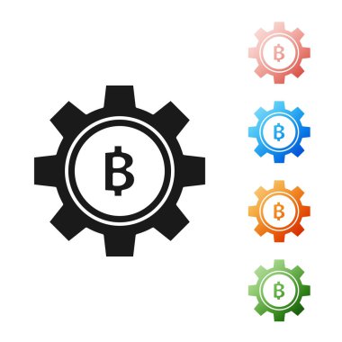 Siyah Cryptocurrency sikke Bitcoin simgesi beyaz arka plan üzerinde izole. Dişli ve Bitcoin ayarı. Blockchain tabanlı güvenli kripto para birimi. Simgeleri renkli ayarlayın. Vektör İllüstrasyonu