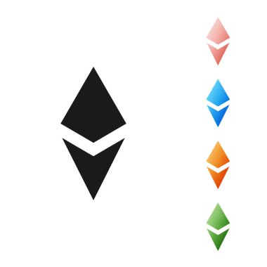 Siyah Cryptocurrency sikke Ethereum Eth simgesi beyaz arka plan üzerinde izole. Altcoin sembolü. Blockchain tabanlı güvenli kripto para birimi. Simgeleri renkli ayarlayın. Vektör İllüstrasyonu