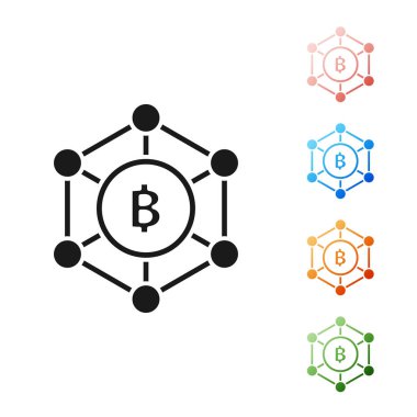 Siyah Blockchain teknolojisi Bitcoin simgesi beyaz arka plan üzerinde izole. Soyut geometrik blok zincir ağ teknolojisi iş. Simgeleri renkli ayarlayın. Vektör İllüstrasyonu