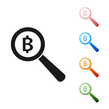 Beyaz arka planda izole edilmiş Bitcoin simgesine sahip siyah Büyüteç. Fiziksel biraz para. Blockchain tabanlı güvenli kripto para birimi. Simgeleri renkli ayarlayın. Vektör İllüstrasyonu