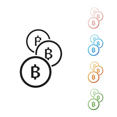 Siyah Cryptocurrency sikke Bitcoin simgesi beyaz arka plan üzerinde izole. Fiziksel biraz para. Blockchain tabanlı güvenli kripto para birimi. Simgeleri renkli ayarlayın. Vektör İllüstrasyonu